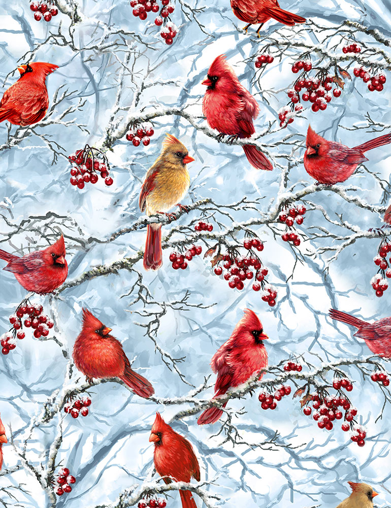 Beautiful Winter Cardinals Cotton Quilt Fabric - Kaleidoscope Quilting