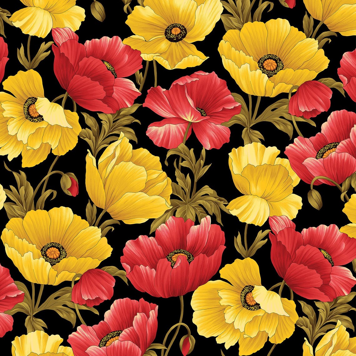 Large Floral Poppies Fabric Yardage