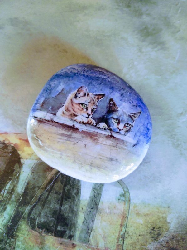 Hand Painted Rock - Curious Cats - Image 3