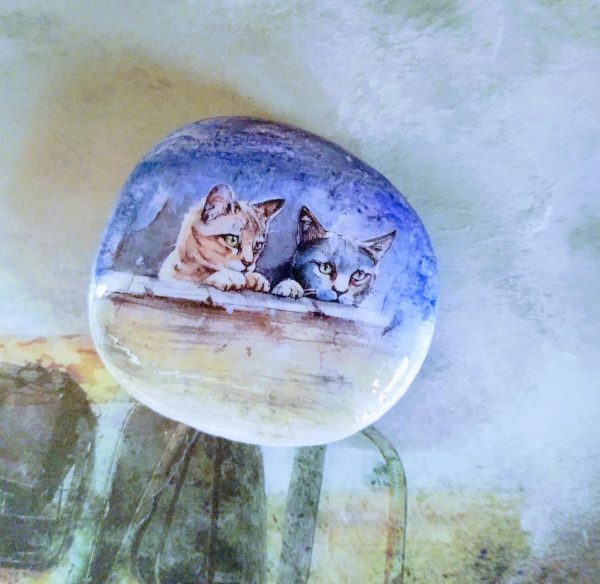 Hand Painted Rock - Curious Cats - Image 2