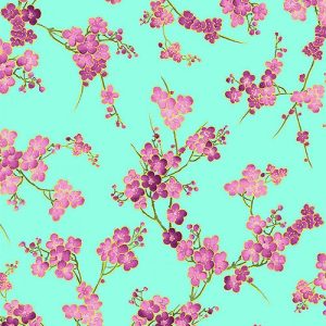 Shizuka Aqua Cherry Blossoms Floral Fabric Yardage