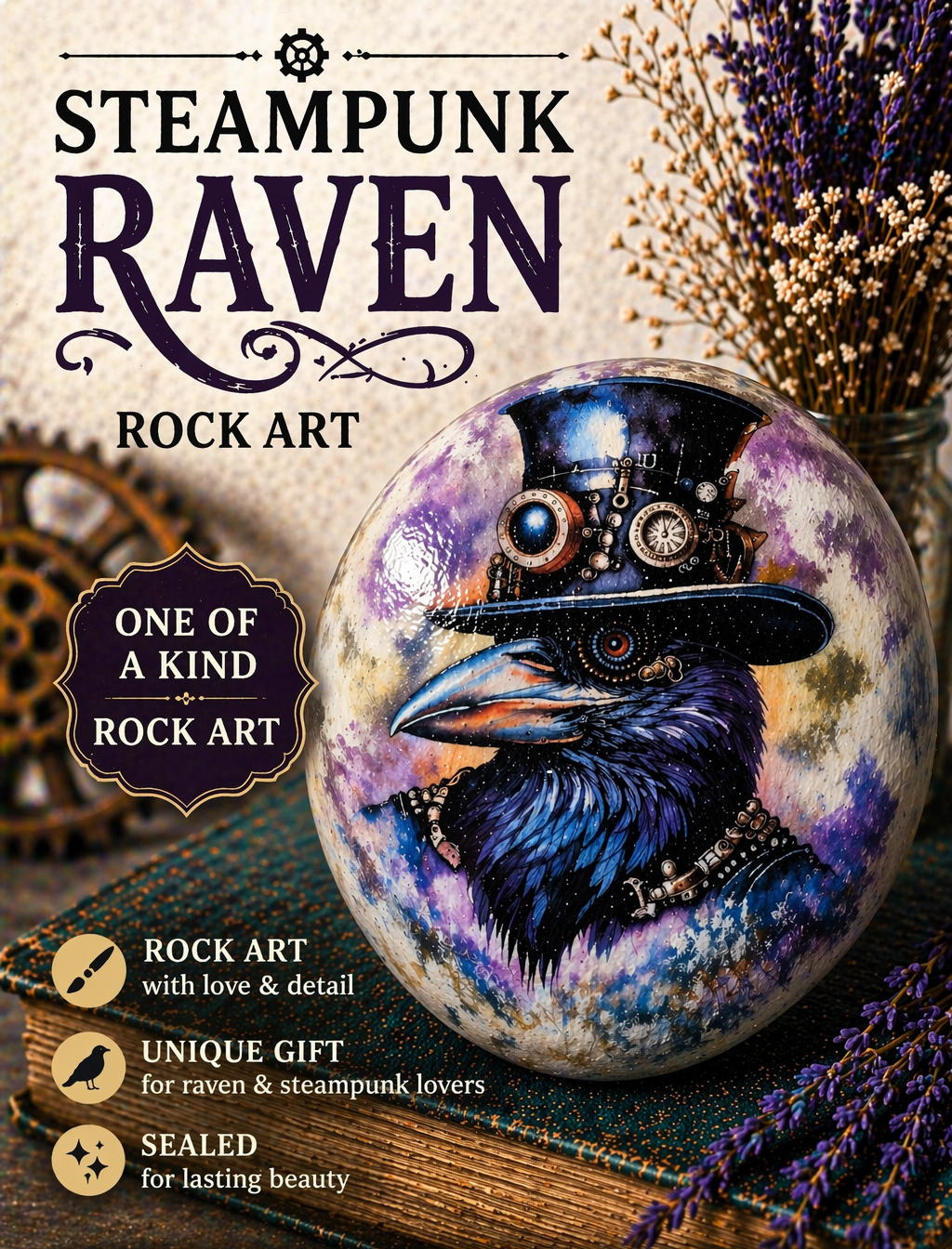 Steampunk Raven Hand Painted Rock | Gothic Crow Art | Unique Painted Stone Decor | Fantasy Bird Gift | One of a Kind Rock Art - Image 2