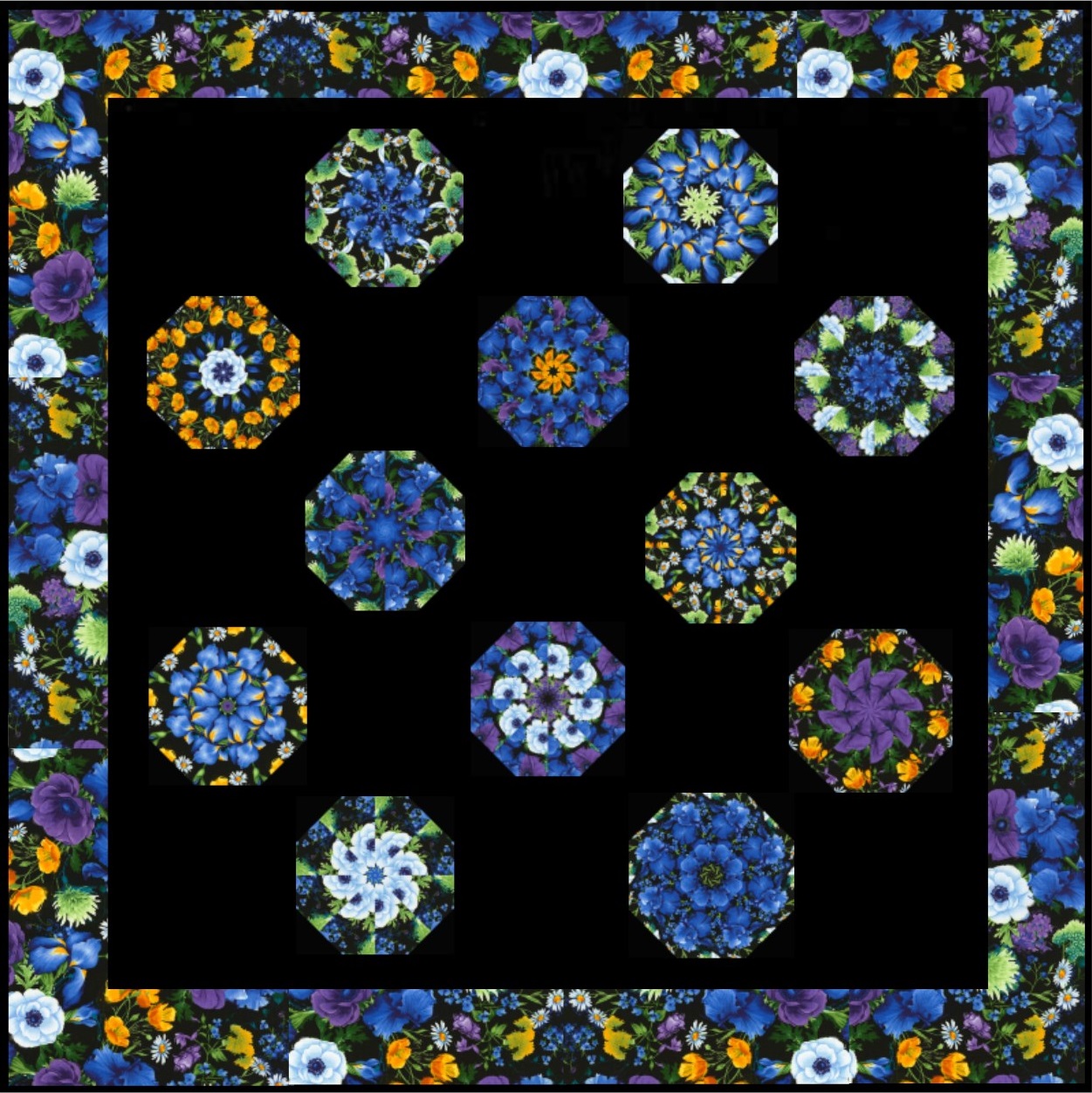 Blue Floral Kaleidoscope Quilt Wall Hanging | Handmade Quilt | Garden Inspired Quilt Art | Unique Quilt Decor - Image 4