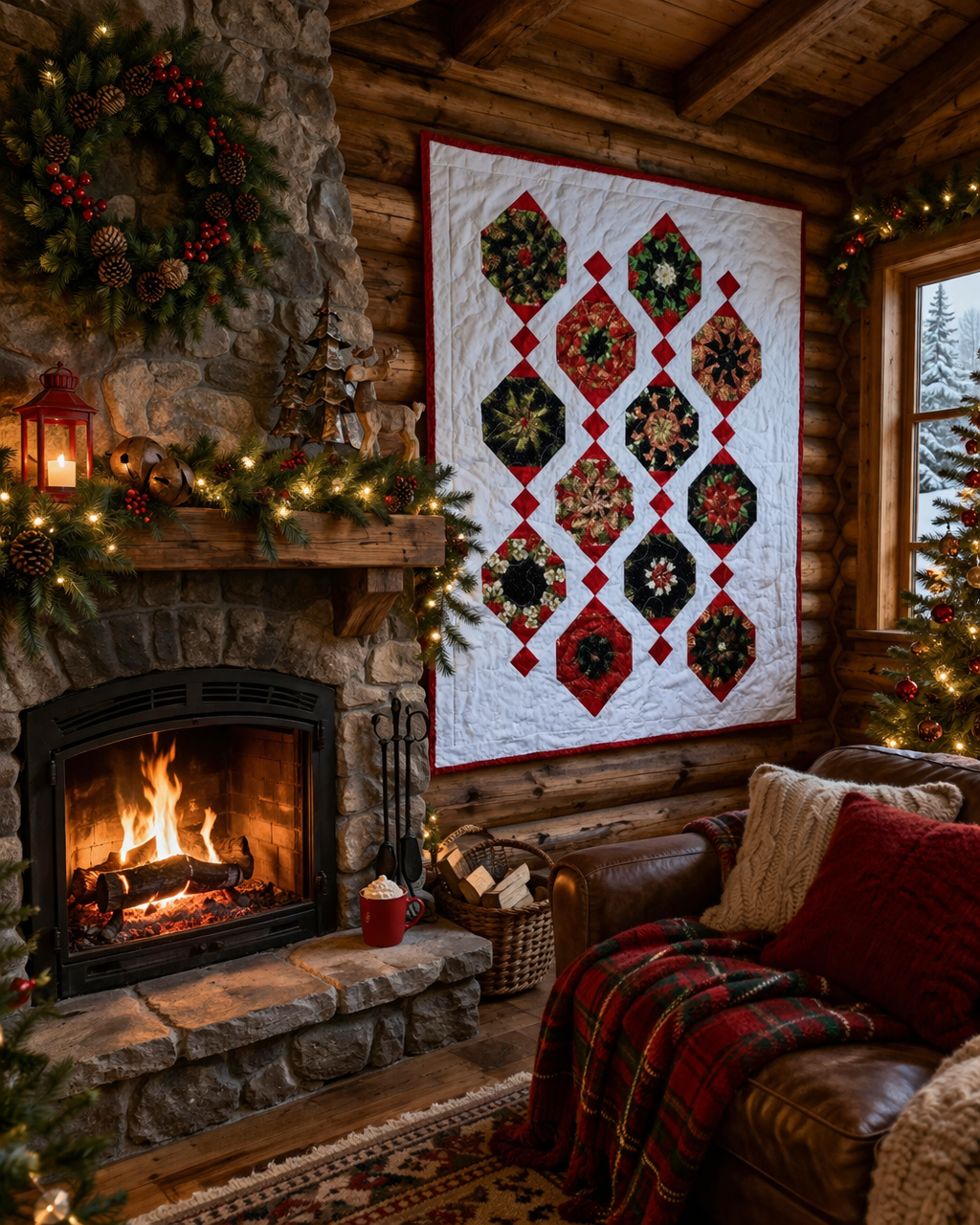 Dangling Ornaments Kaleidoscope Quilt | Handmade Christmas Quilt Wall Hanging | Holiday Quilt Decor | Red Green Quilt | Quilted Wall Art - Image 5