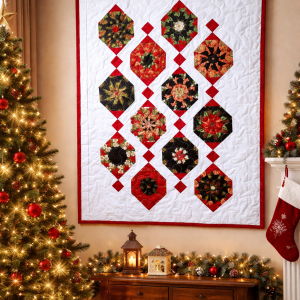 Dangling Ornaments Kaleidoscope Quilt | Handmade Christmas Quilt Wall Hanging | Holiday Quilt Decor | Red Green Quilt | Quilted Wall Art