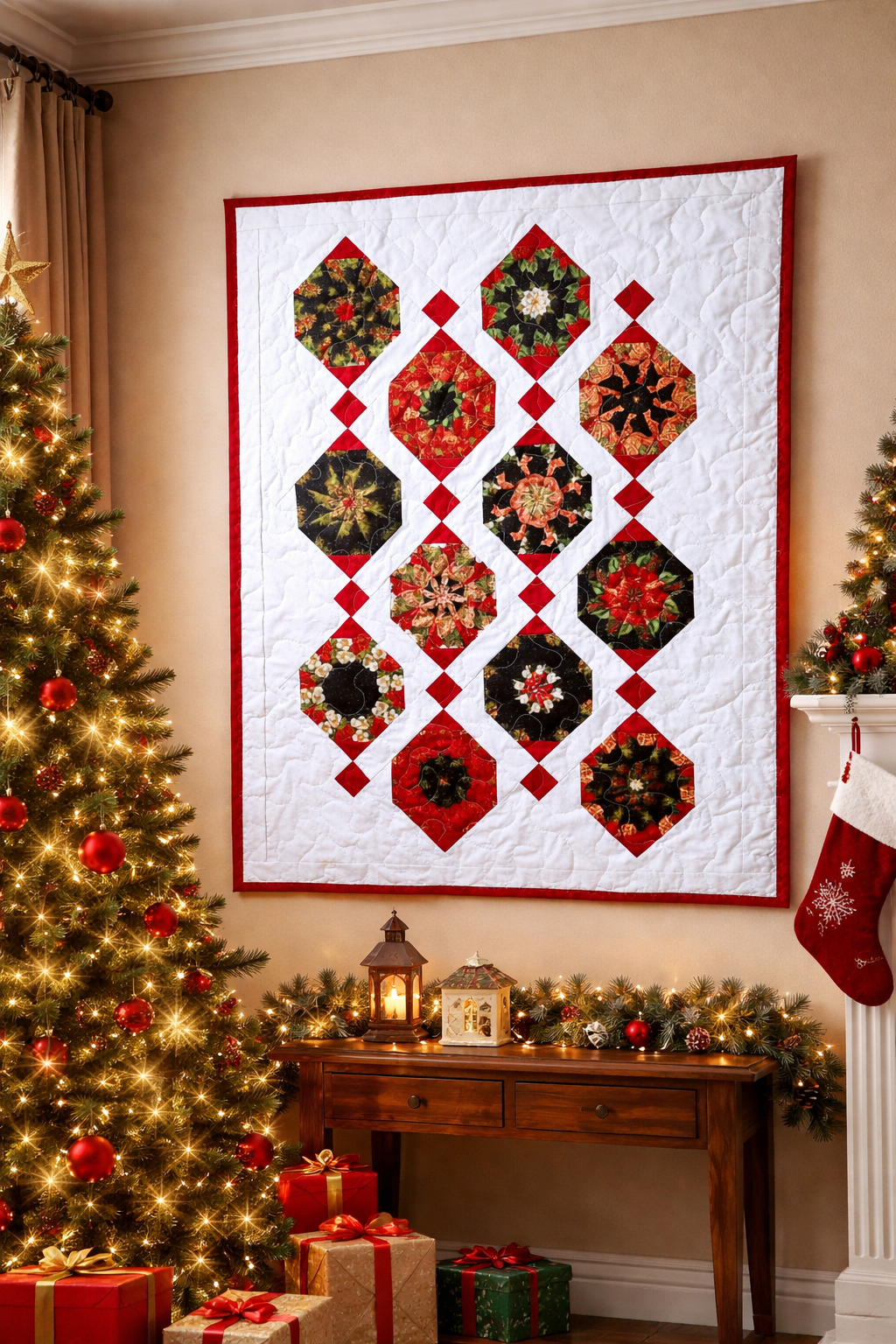 Dangling Ornaments Kaleidoscope Quilt | Handmade Christmas Quilt Wall Hanging | Holiday Quilt Decor | Red Green Quilt | Quilted Wall Art