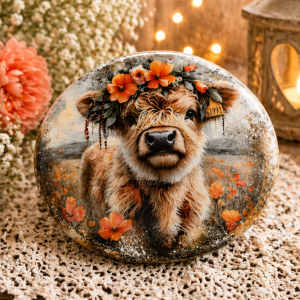 Highland Cow Rock Art • Floral Cow Stone Decor • Upcycled Rock Art • Hand Designed Gift • Farmhouse Decor • Rustic Gift Idea