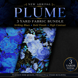 Plume 3 Yard Fabric Bundle, Blue Floral Fabric, Black Background Quilt Fabric, High Contrast Quilting Cotton, Precut Fabric Bundle