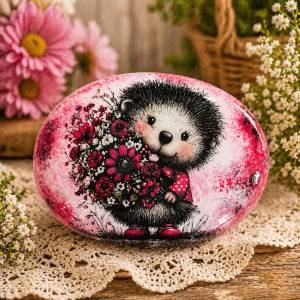 Hedgehog Painted Rock – Red Floral Animal – Hand Designed Upcycled Stone – Cute Woodland Gift – Cottagecore Decor – Decorative Rock Art