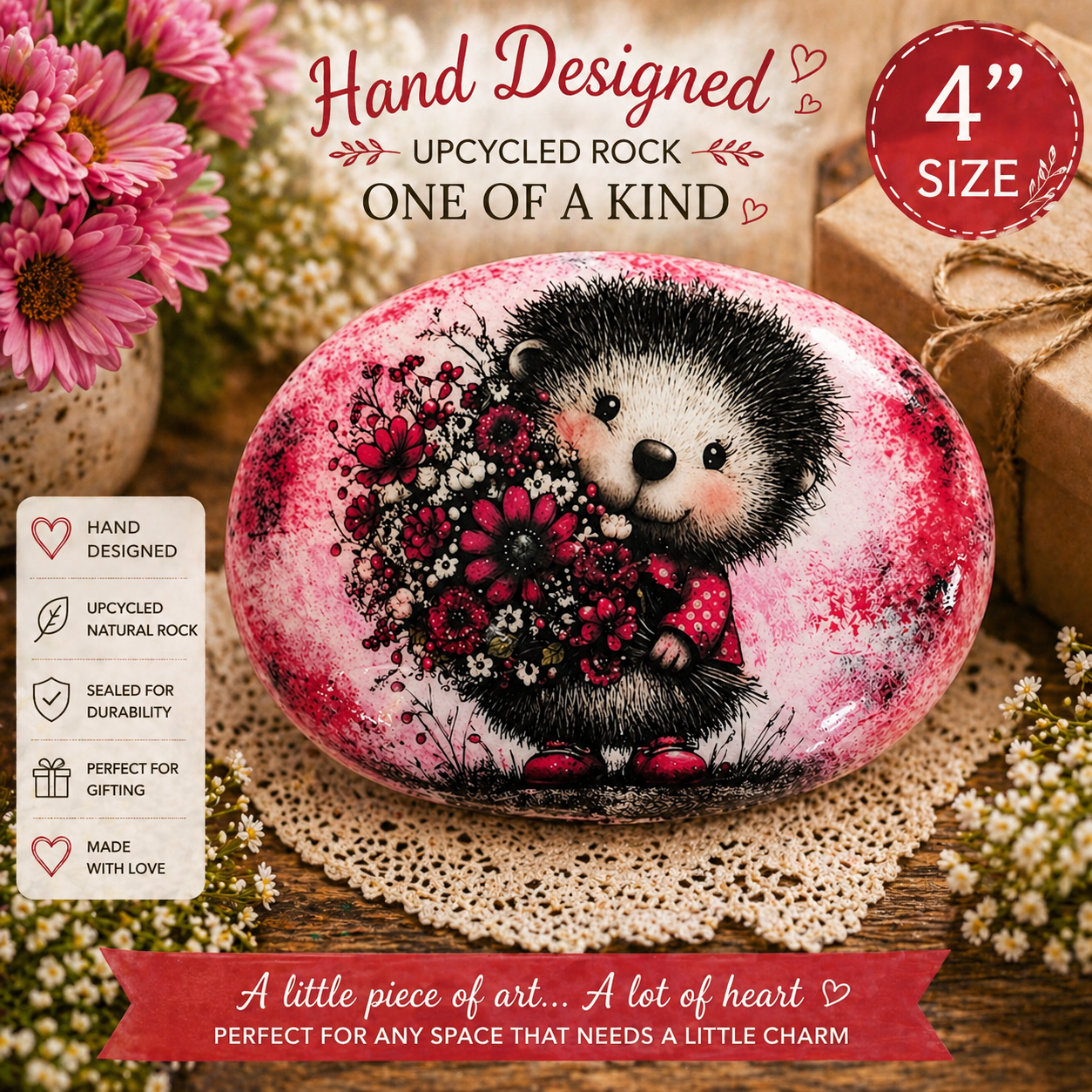 Hedgehog Painted Rock – Red Floral Animal – Hand Designed Upcycled Stone – Cute Woodland Gift – Cottagecore Decor – Decorative Rock Art - Image 2