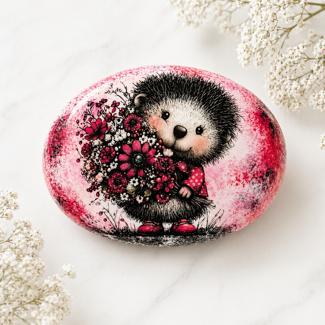 Hedgehog Painted Rock – Red Floral Animal – Hand Designed Upcycled Stone – Cute Woodland Gift – Cottagecore Decor – Decorative Rock Art - Image 3