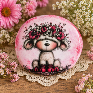 Lamb / Sheep Painted Rock – Red Floral Animal – Hand Designed Upcycled Stone – Cute Woodland Gift – Cottagecore Decor – Decorative Rock Art