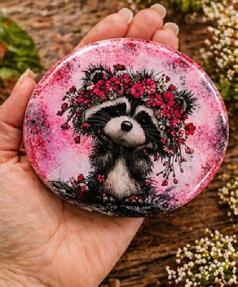 Red Floral Animal Rock – Hand Designed Upcycled Stone – Cute Raccoon Decorative Rock Gift – Cottagecore Decor - Image 3