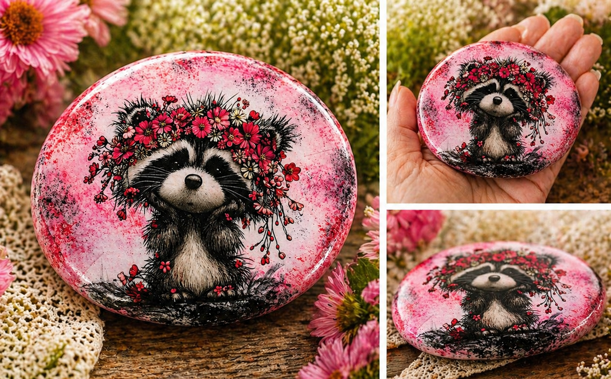 Red Floral Animal Rock – Hand Designed Upcycled Stone – Cute Raccoon Decorative Rock Gift – Cottagecore Decor - Image 2