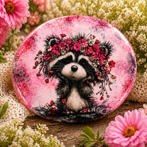 Red Floral Animal Rock – Hand Designed Upcycled Stone – Cute Raccoon Decorative Rock Gift – Cottagecore Decor