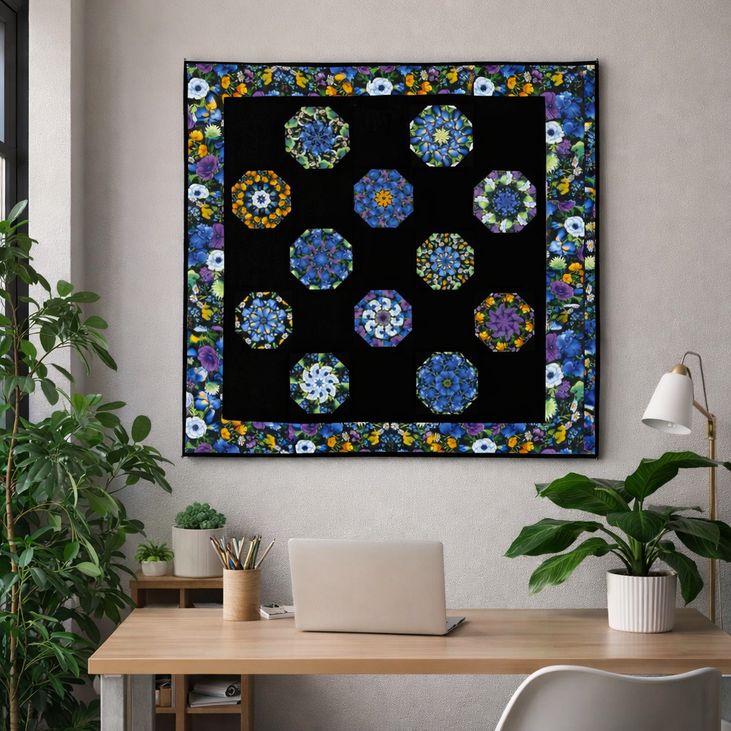 Blue Floral Kaleidoscope Quilt Wall Hanging | Handmade Quilt | Garden Inspired Quilt Art | Unique Quilt Decor - Image 2