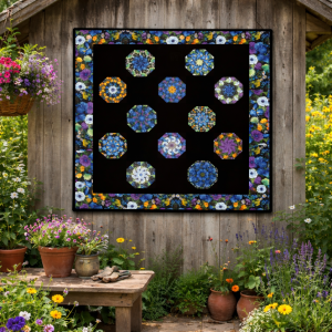 Blue Floral Kaleidoscope Quilt Wall Hanging | Handmade Quilt | Garden Inspired Quilt Art | Unique Quilt Decor