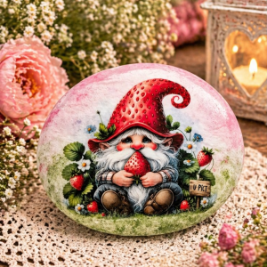 Gnome Rock Art • Hand Painted Strawberry Gnome Stone • Whimsical Garden Decor • Cottagecore Gift • Upcycled Rock Art • Unique Gift • 4.5 Inch Rock