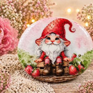Gnome Rock Art • Hand Painted Strawberry Gnome Stone • Whimsical Garden Decor • Cottagecore Gift • Upcycled Rock Art • Unique Gift