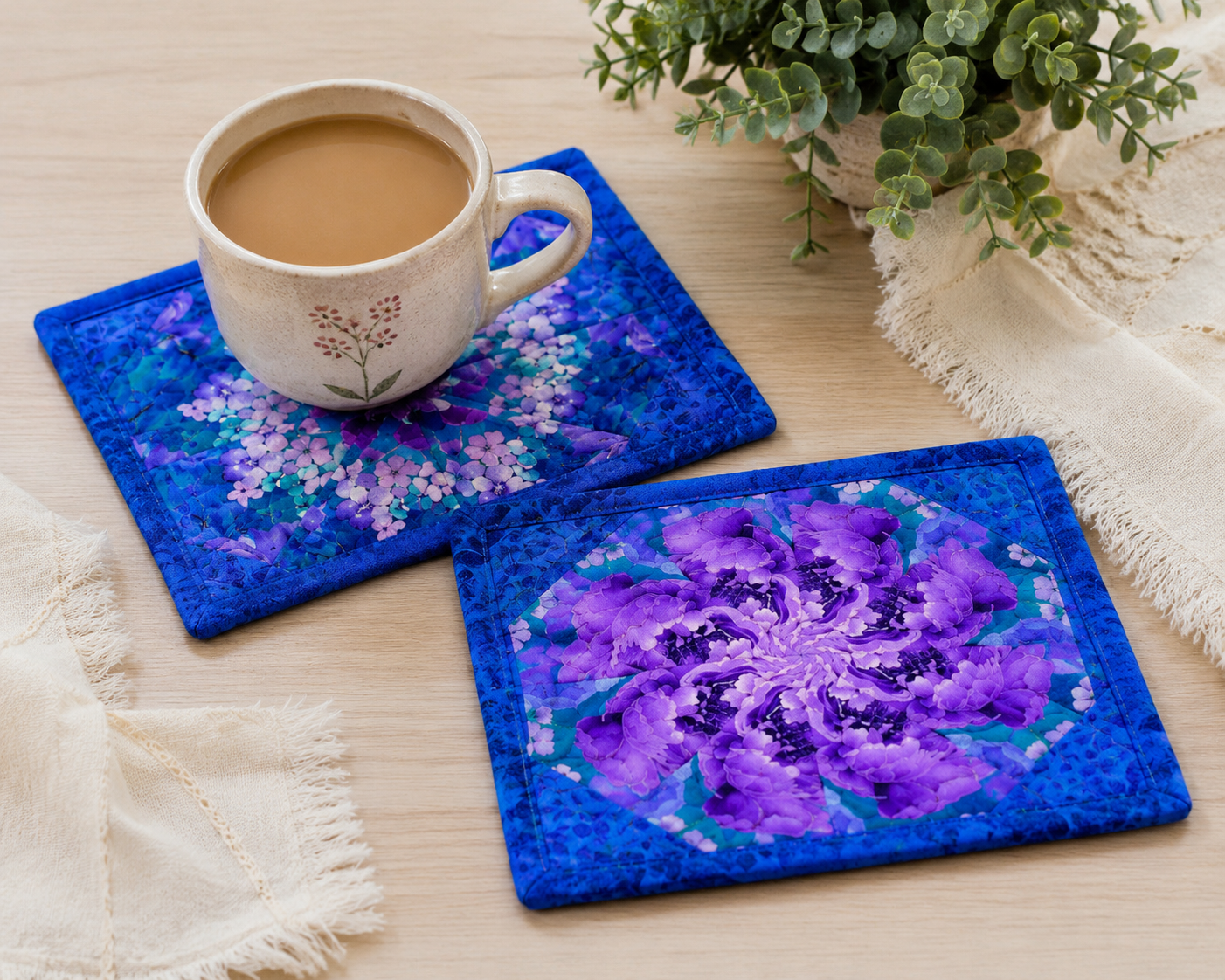 Bellagio Mug Rug Kit – Pre-Cut Kaleidoscope Mug Rug Kit – Quilted Mug Rug Pattern – DIY Quilting Kit – Floral Mug Rugs – Makes 2 Mug Rugs