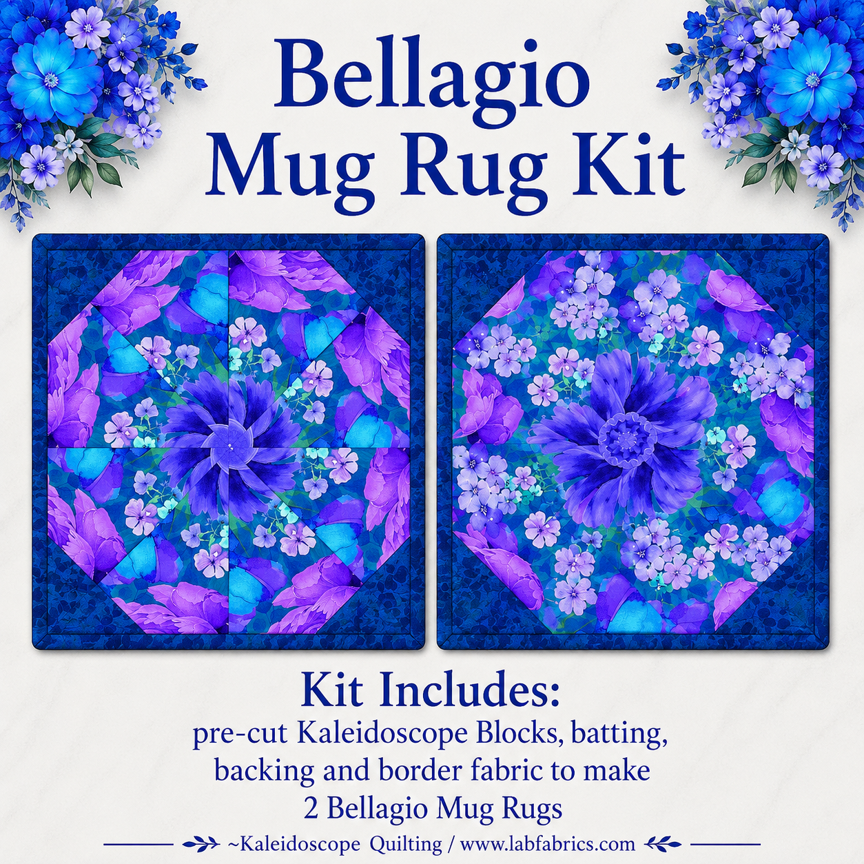 Bellagio Mug Rug Kit – Pre-Cut Kaleidoscope Mug Rug Kit – Quilted Mug Rug Pattern – DIY Quilting Kit – Floral Mug Rugs – Makes 2 Mug Rugs - Image 2