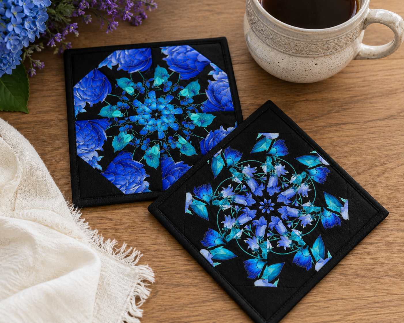 Escapade Mug Rug Kit – Pre-Cut Kaleidoscope Mug Rug Kit – Quilted Mug Rug Pattern – DIY Quilting Kit – Floral Mug Rugs – Makes 2 Mug Rugs
