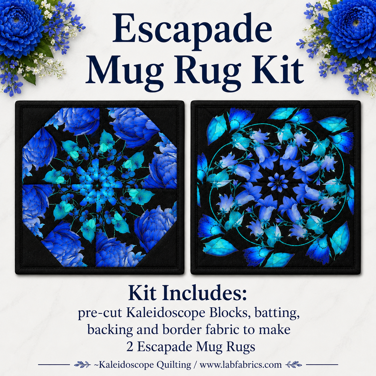 Escapade Mug Rug Kit – Pre-Cut Kaleidoscope Mug Rug Kit – Quilted Mug Rug Pattern – DIY Quilting Kit – Floral Mug Rugs – Makes 2 Mug Rugs - Image 2