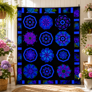 Midnight Blooms / Stripe Pre-Cut Kaleidoscope Quilt Kit | Purple & Blue Floral Quilt Kit | Precut Quilt Blocks | Complete Quilt Kit