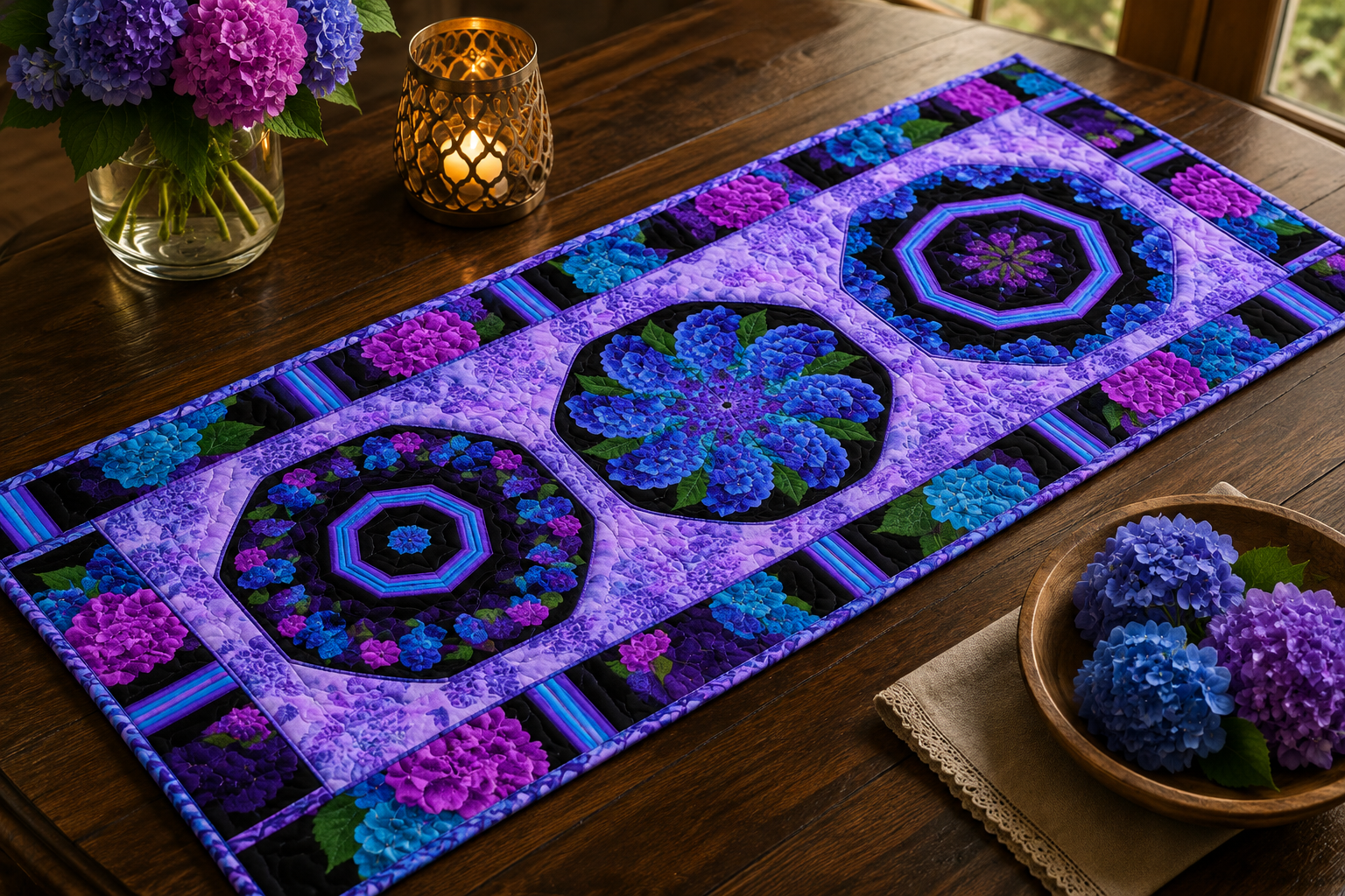 Midnight Blooms Striped Pre-Cut Kaleidoscope Table Runner Kit