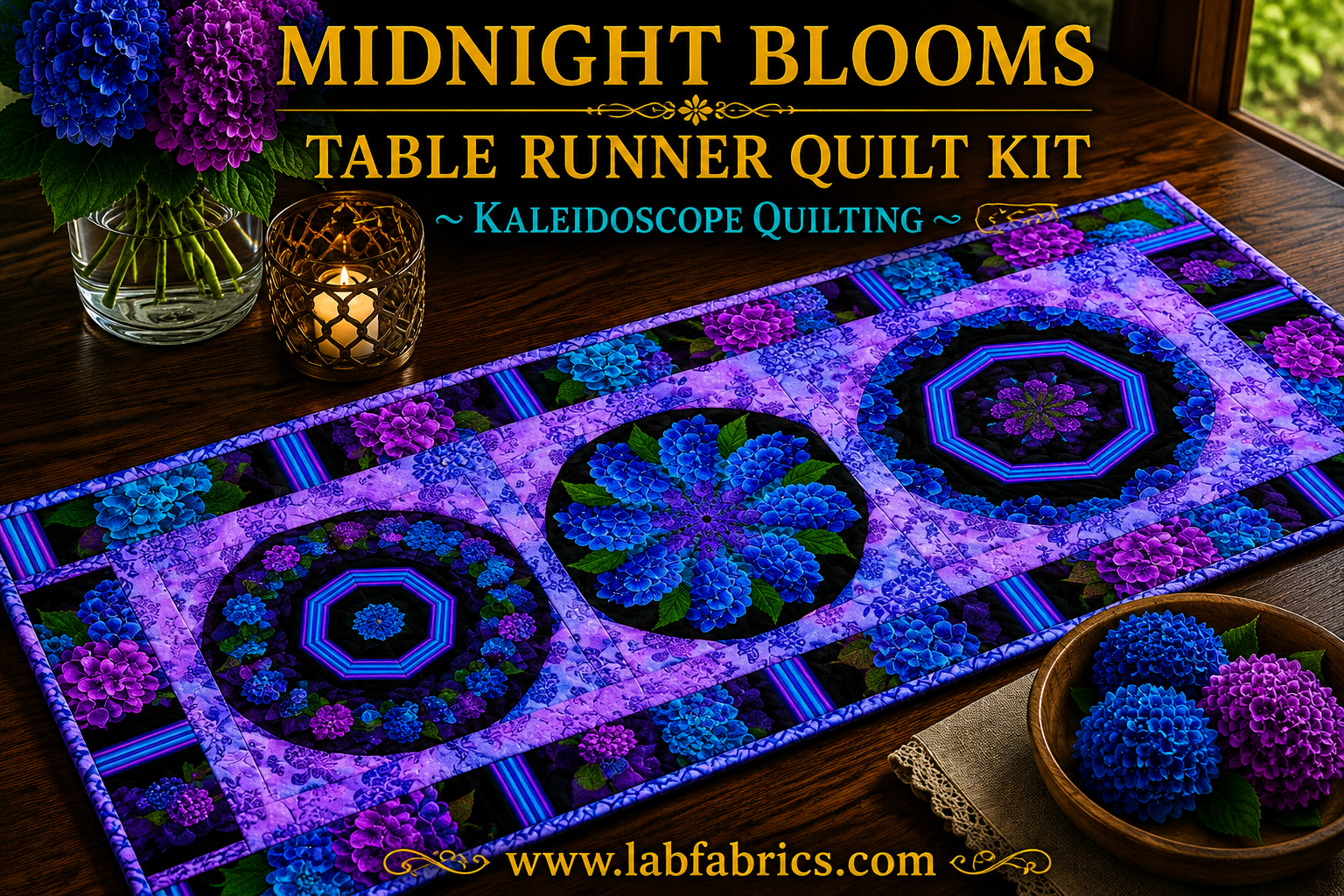 Midnight Blooms Striped Pre-Cut Kaleidoscope Table Runner Kit - Image 2