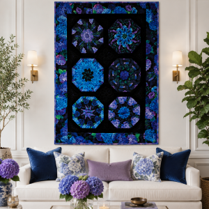 Handmade Kaleidoscope Quilt Wall Hanging – Blue & Purple Floral Quilt – Hydrangea Quilt Decor – One of a Kind Quilted Wall Art