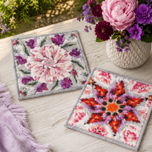 Moon Flower Mug Rug Kit – Pre-Cut Kaleidoscope Mug Rug Kit – Quilted Mug Rug Pattern – DIY Quilting Kit – Floral Mug Rugs – Makes 2 Mug Rugs