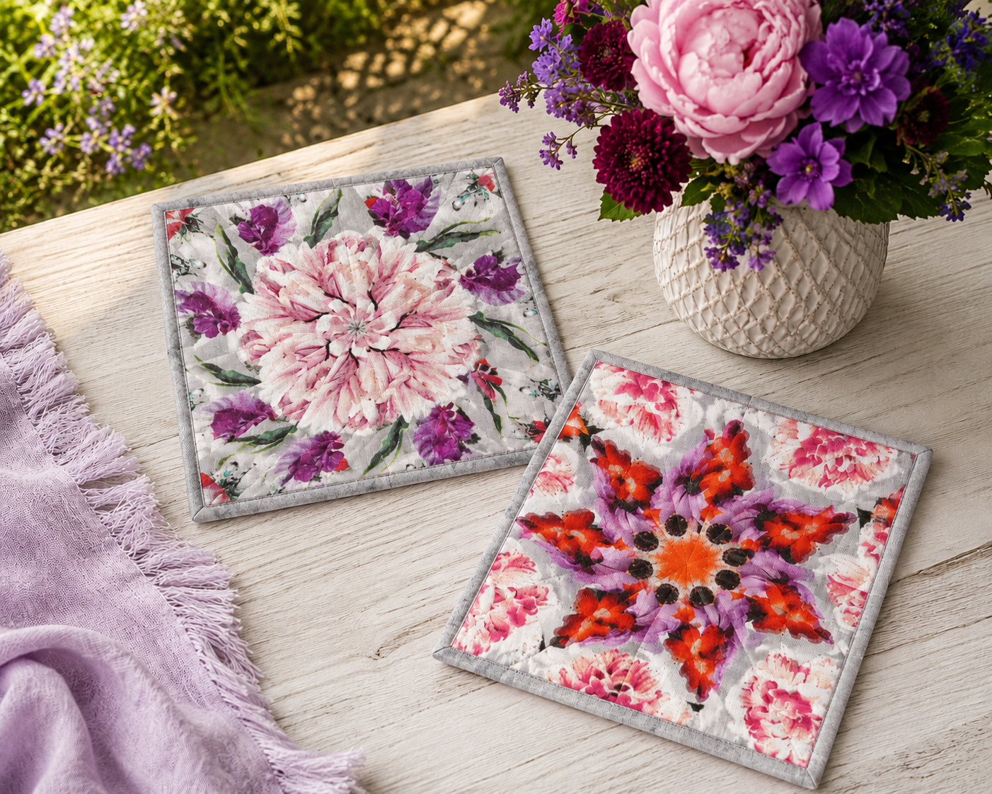 Moon Flower Mug Rug Kit – Pre-Cut Kaleidoscope Mug Rug Kit – Quilted Mug Rug Pattern – DIY Quilting Kit – Floral Mug Rugs – Makes 2 Mug Rugs