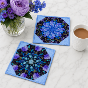 Plum Crazy Mug Rug Kit – Pre-Cut Kaleidoscope Mug Rug Kit – Quilted Mug Rug Pattern – DIY Quilting Kit – Floral Mug Rugs – Makes 2 Mug Rugs