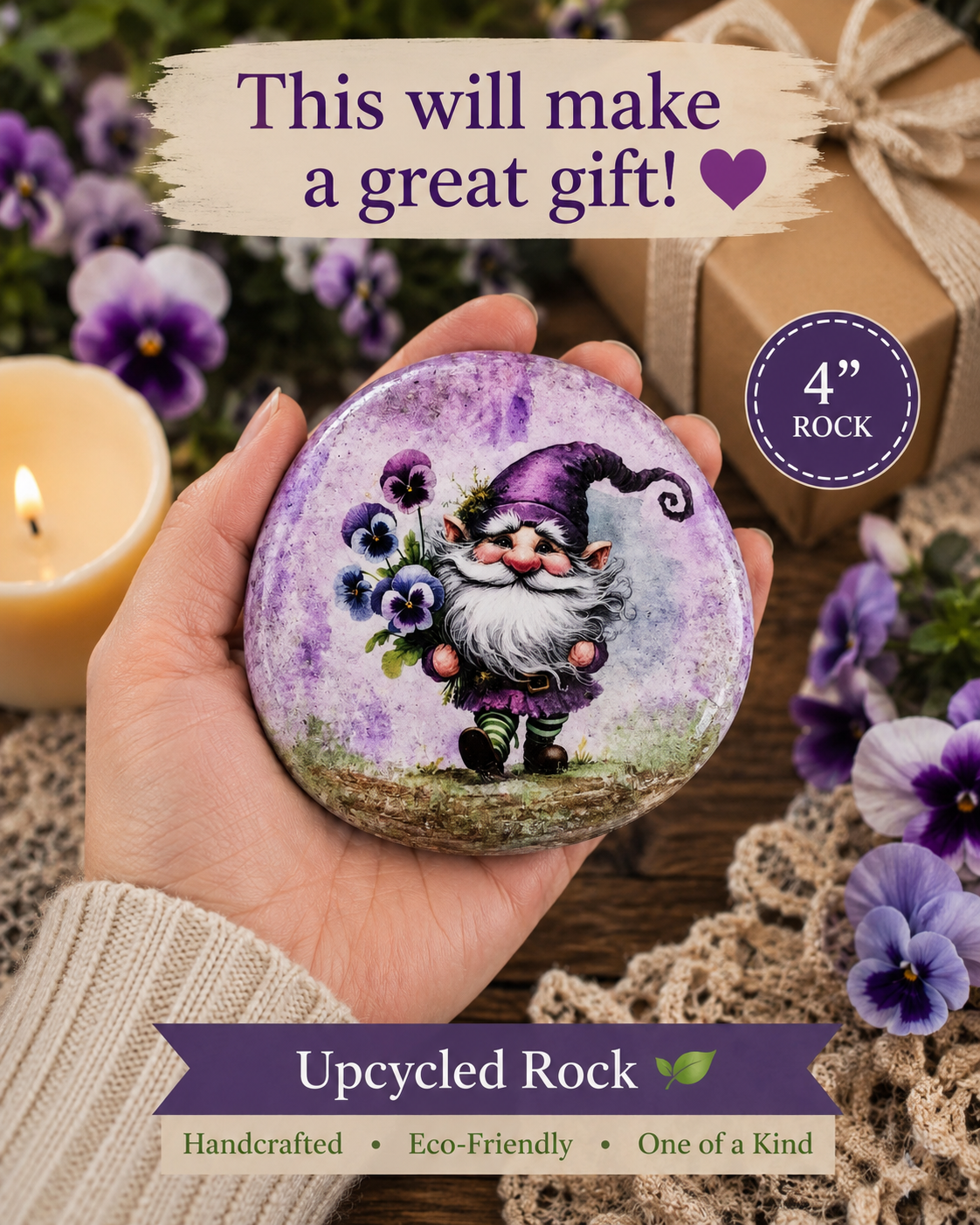 Pansy Gnome Upcycled Rock Decor – Handcrafted Decorative Stone – Whimsical Gnome Gift – Cottagecore Shelf Decor – One of a Kind - Image 3