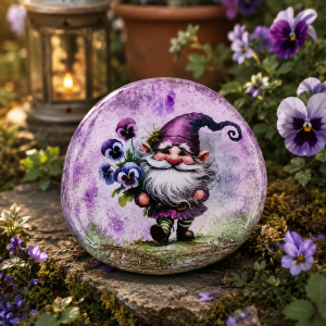 Pansy Gnome Upcycled Rock Decor – Handcrafted Decorative Stone – Whimsical Gnome Gift – Cottagecore Shelf Decor – One of a Kind