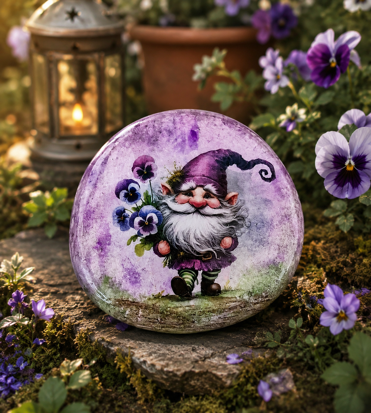 Pansy Gnome Upcycled Rock Decor – Handcrafted Decorative Stone – Whimsical Gnome Gift – Cottagecore Shelf Decor – One of a Kind