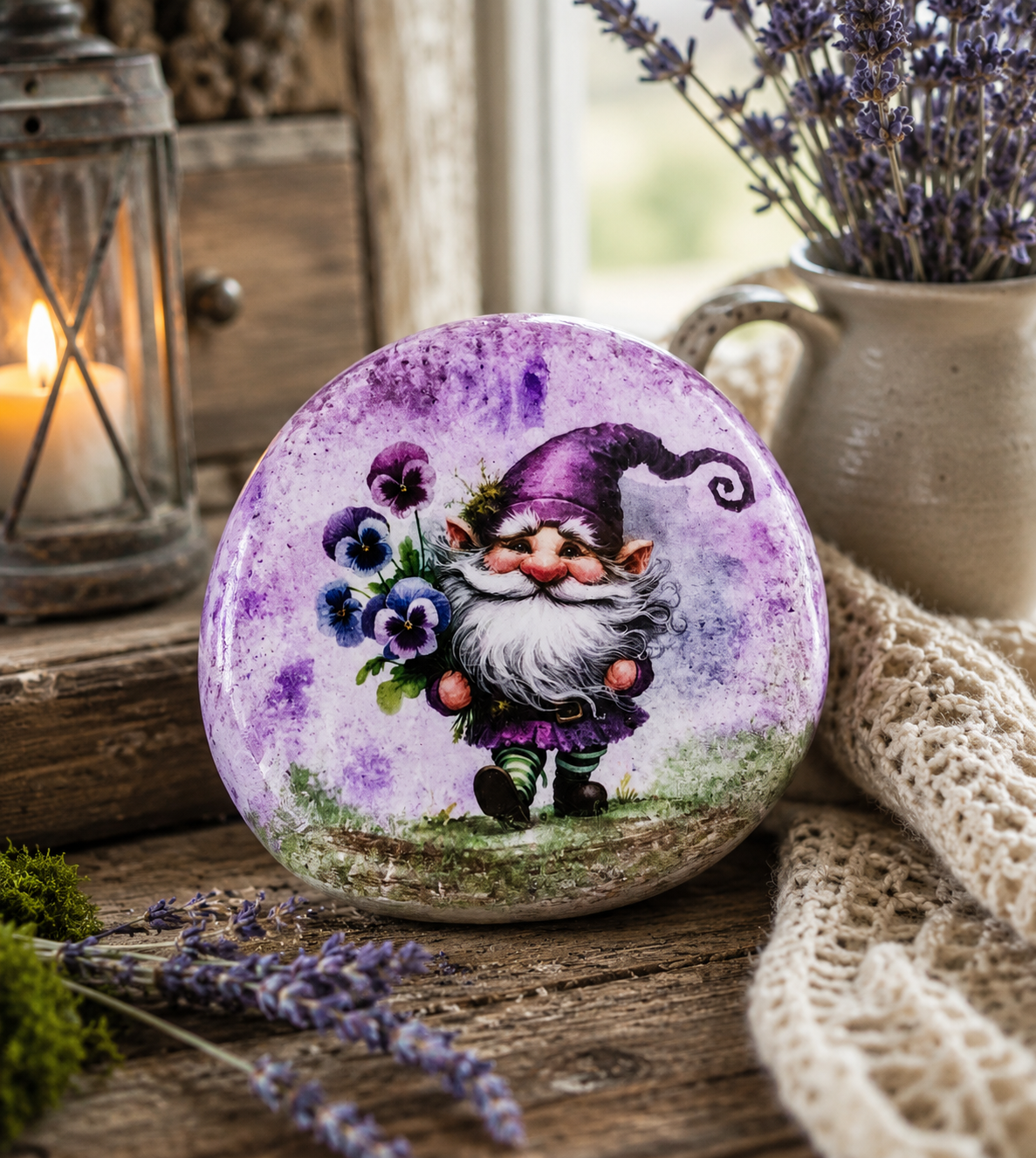 Pansy Gnome Upcycled Rock Decor – Handcrafted Decorative Stone – Whimsical Gnome Gift – Cottagecore Shelf Decor – One of a Kind - Image 2