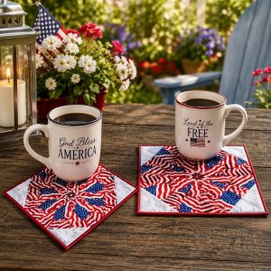 Flags Mug Rug Kit – Pre-Cut Kaleidoscope Mug Rug Kit – Quilted Mug Rug Pattern – DIY Quilting Kit – USA Mug Rugs – Makes 2 Mug Rugs