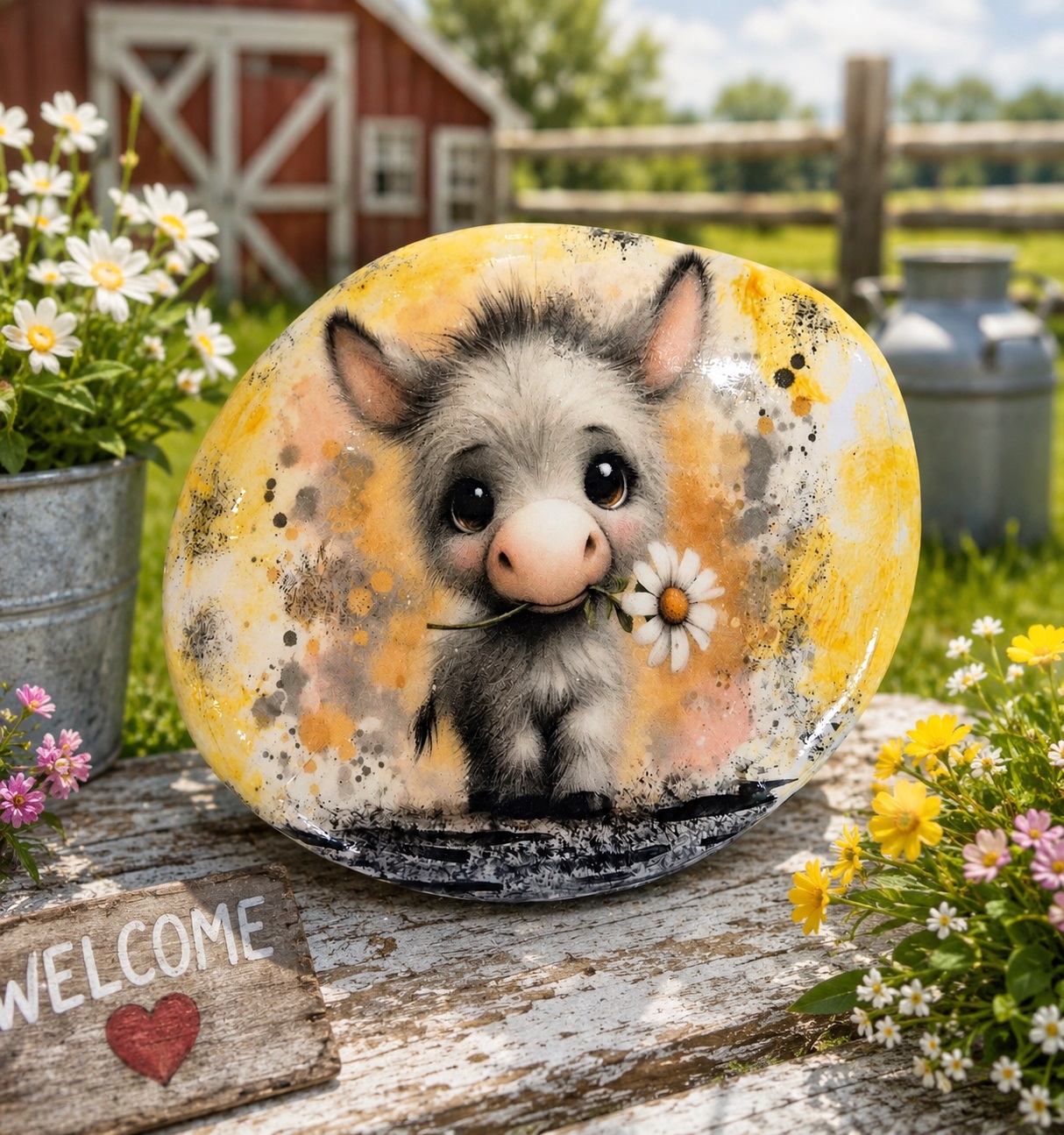 Cute Donkey Upcycled Rock Decor – Handcrafted Decorative Stone – Barnyard Gift – Cottagecore Shelf Decor – One of a Kind