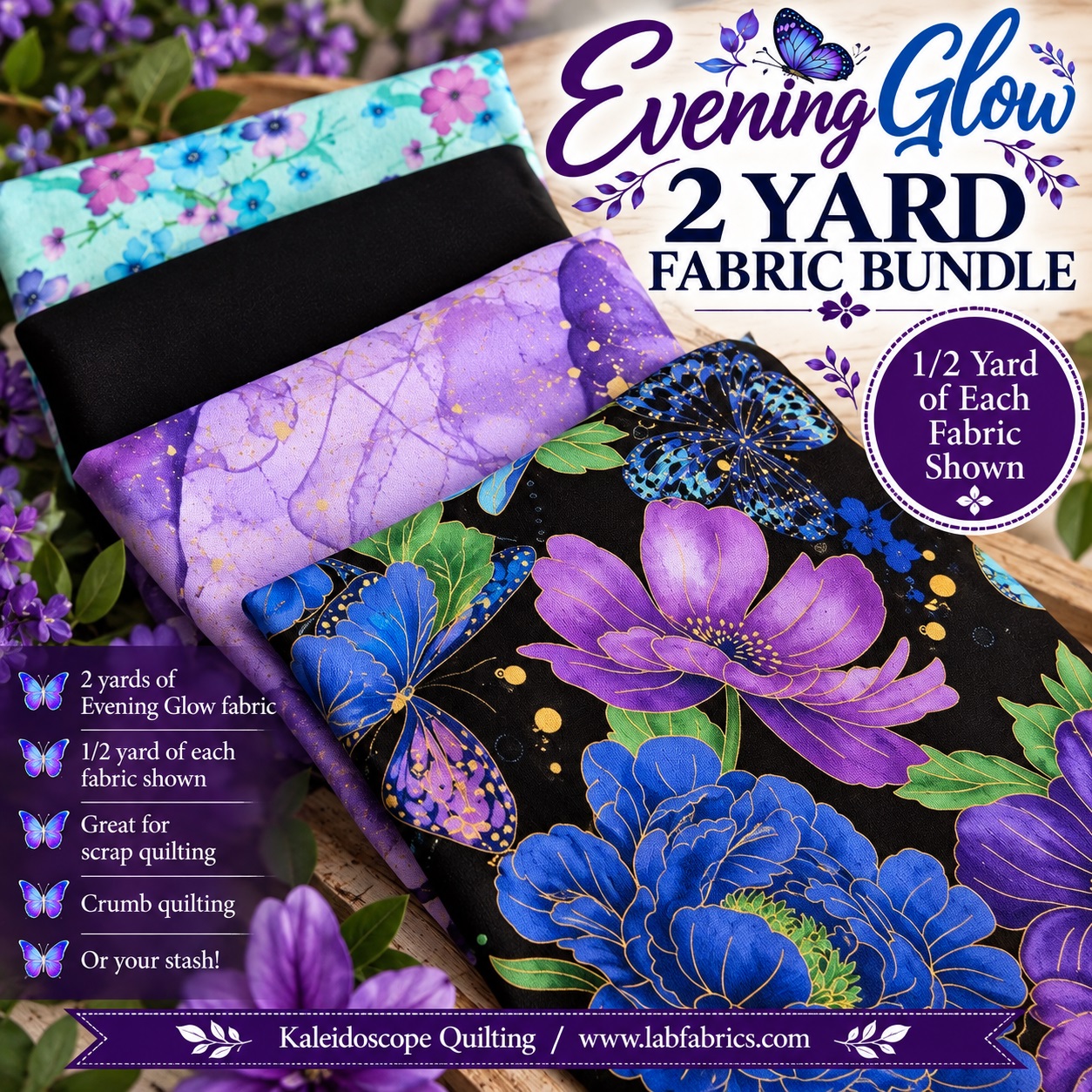 Evening Glow 2 Yard Fabric Bundle, Beautiful Floral Fabric, Quilting Cotton Bundle