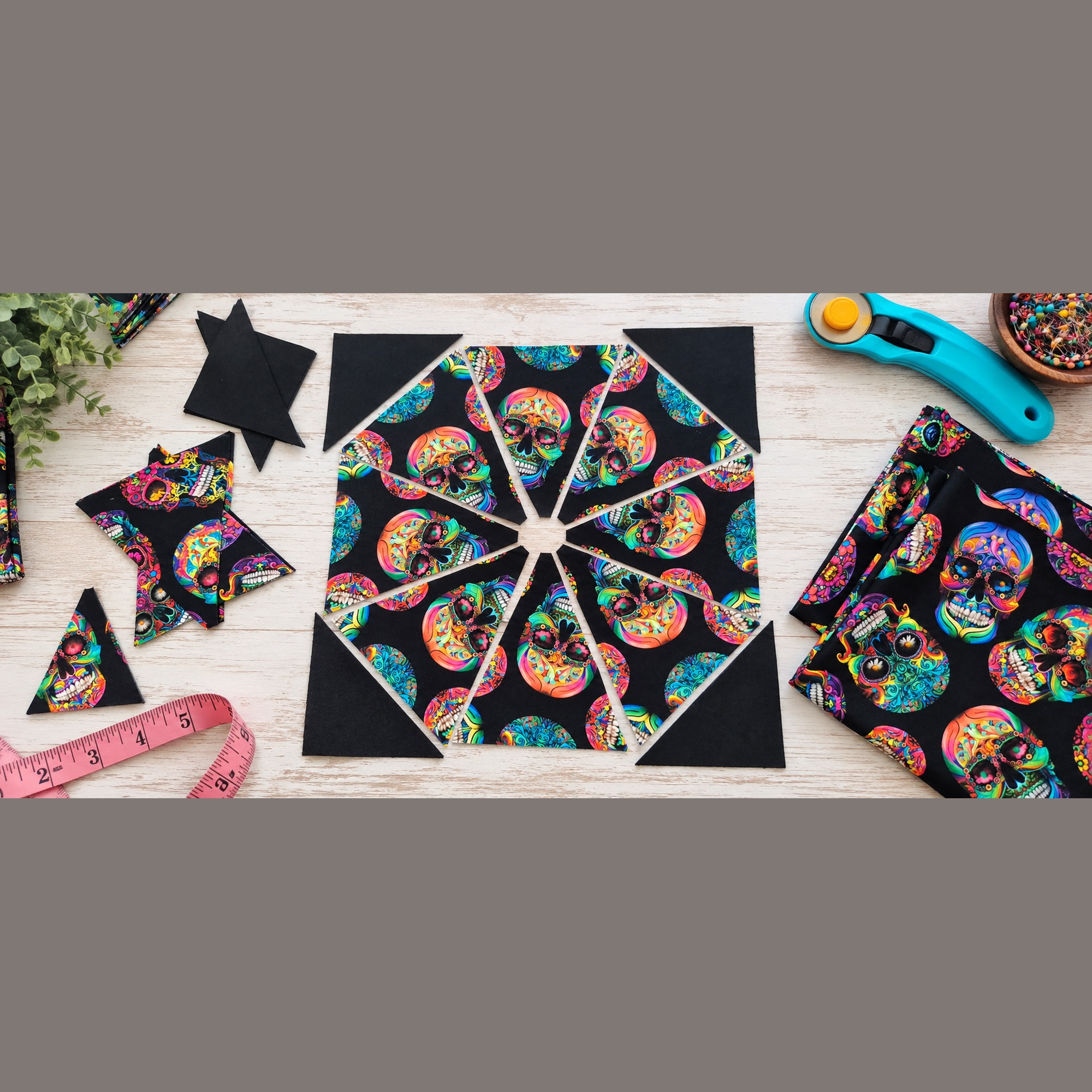 Sugar Skulls Pre-Cut Kaleidoscope Quilt Kit (12-10" Blocks) - Image 5