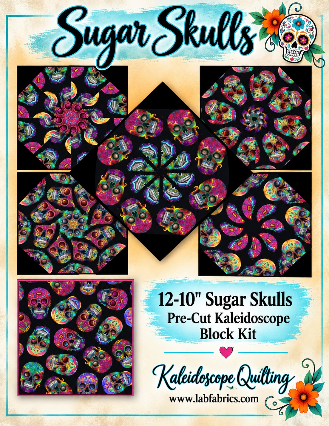 Sugar Skulls Pre-Cut Kaleidoscope Quilt Kit (12-10" Blocks)