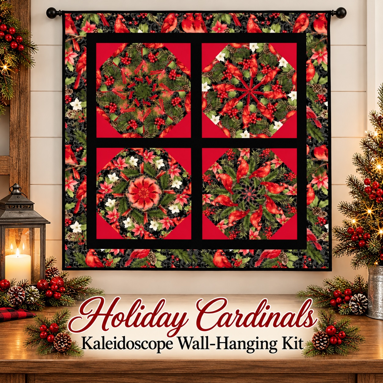 Holiday Cardinals Kaleidoscope Pre-Cut Wall-Hanging / Table Topper Kit